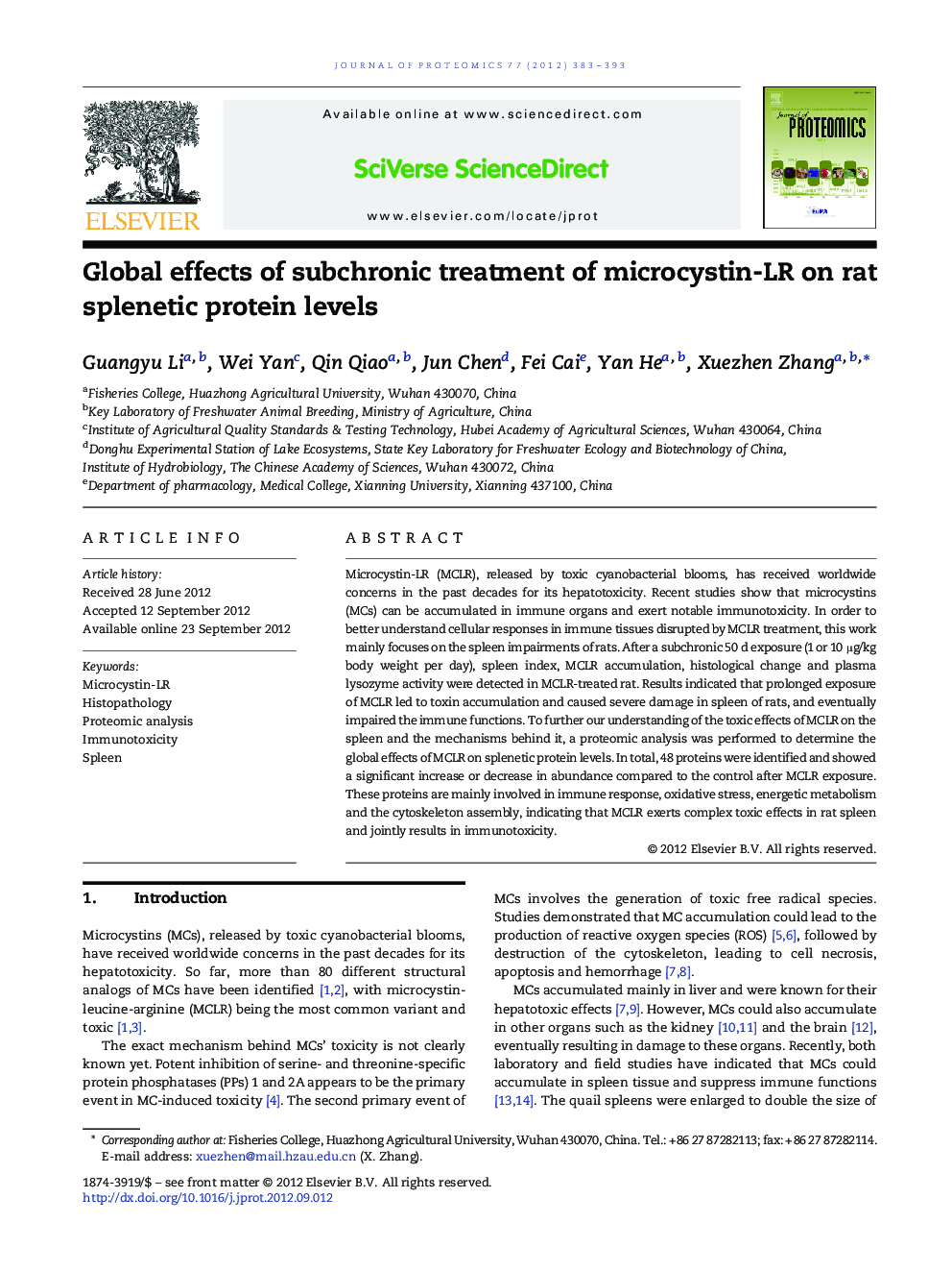 Global effects of subchronic treatment of microcystin-LR on rat splenetic protein levels