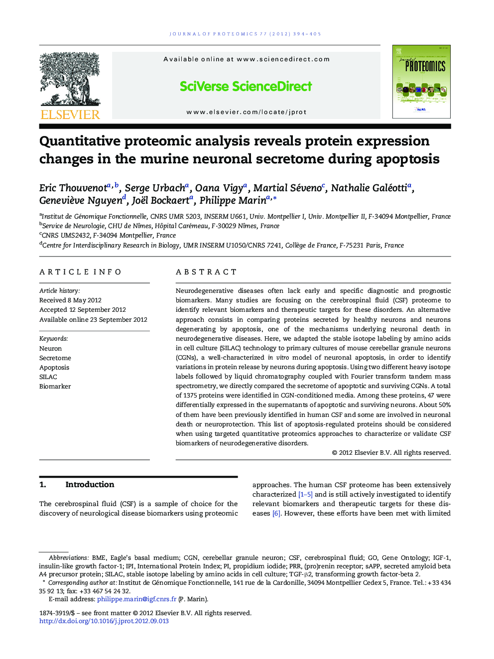 Quantitative proteomic analysis reveals protein expression changes in the murine neuronal secretome during apoptosis