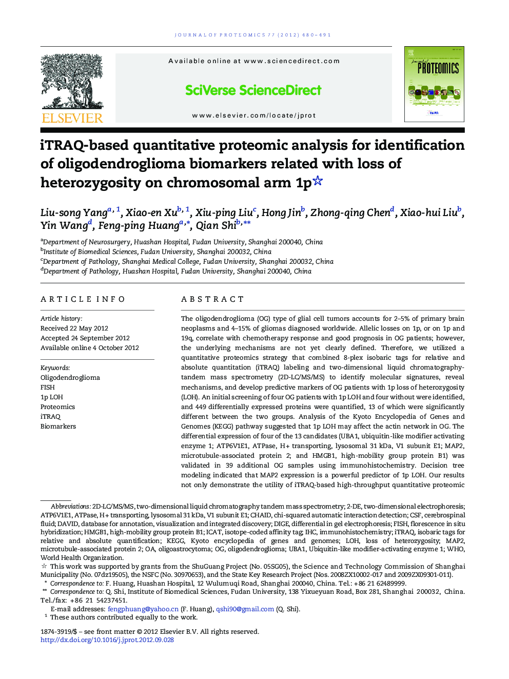 iTRAQ-based quantitative proteomic analysis for identification of oligodendroglioma biomarkers related with loss of heterozygosity on chromosomal arm 1p 
