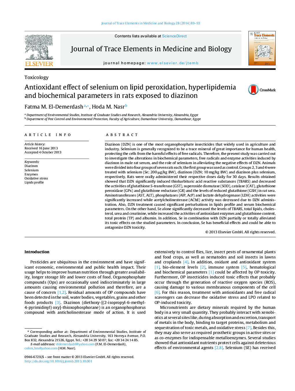 Antioxidant effect of selenium on lipid peroxidation, hyperlipidemia and biochemical parameters in rats exposed to diazinon