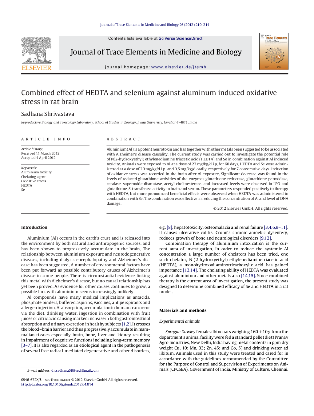 Combined effect of HEDTA and selenium against aluminum induced oxidative stress in rat brain