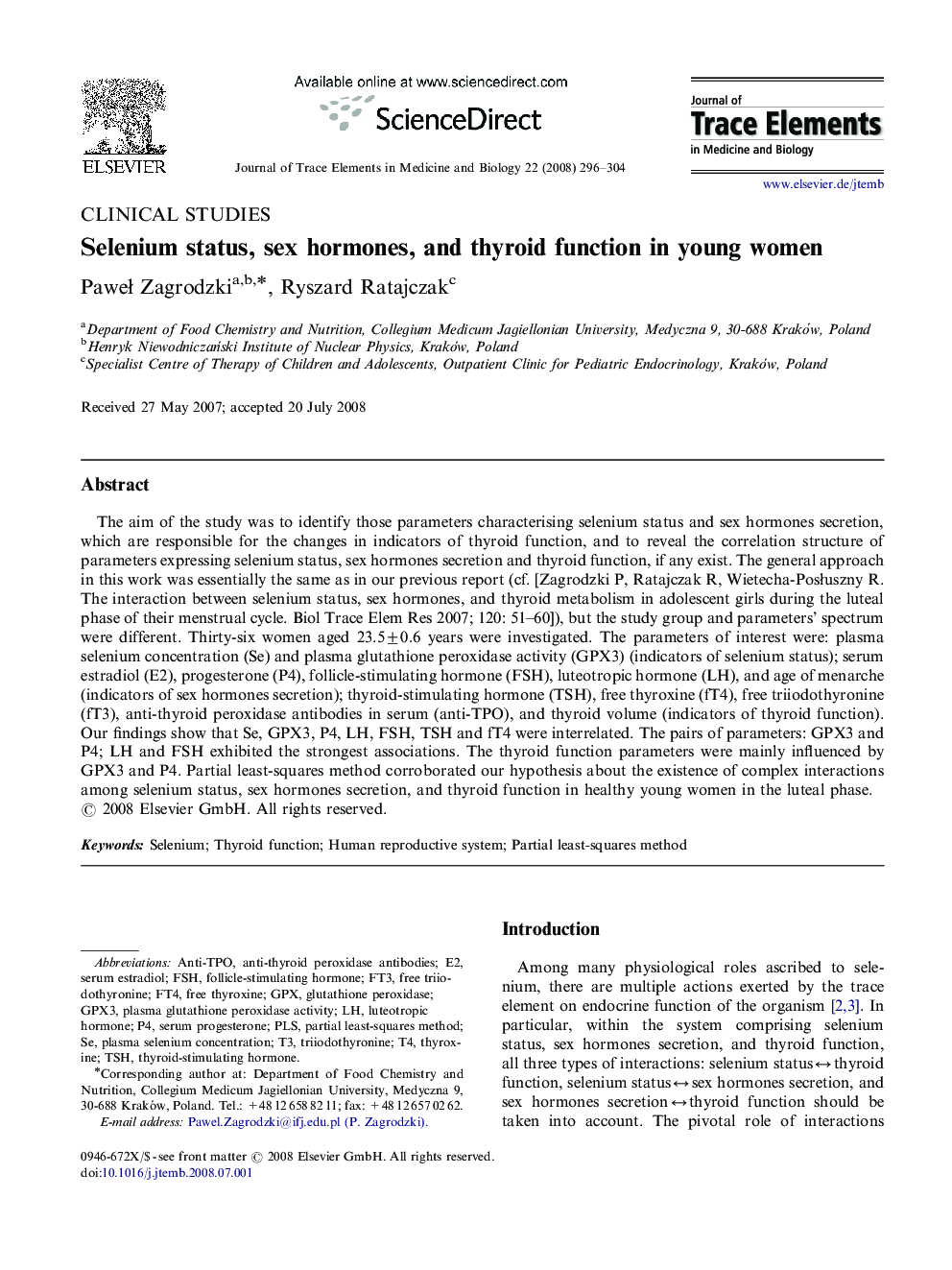 Selenium status, sex hormones, and thyroid function in young women