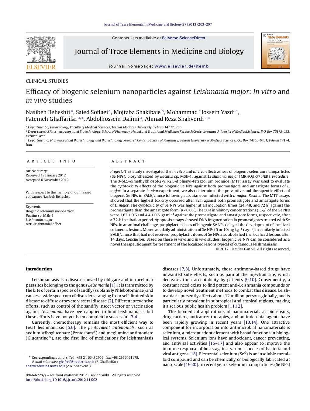 Efficacy of biogenic selenium nanoparticles against Leishmania major: In vitro and in vivo studies