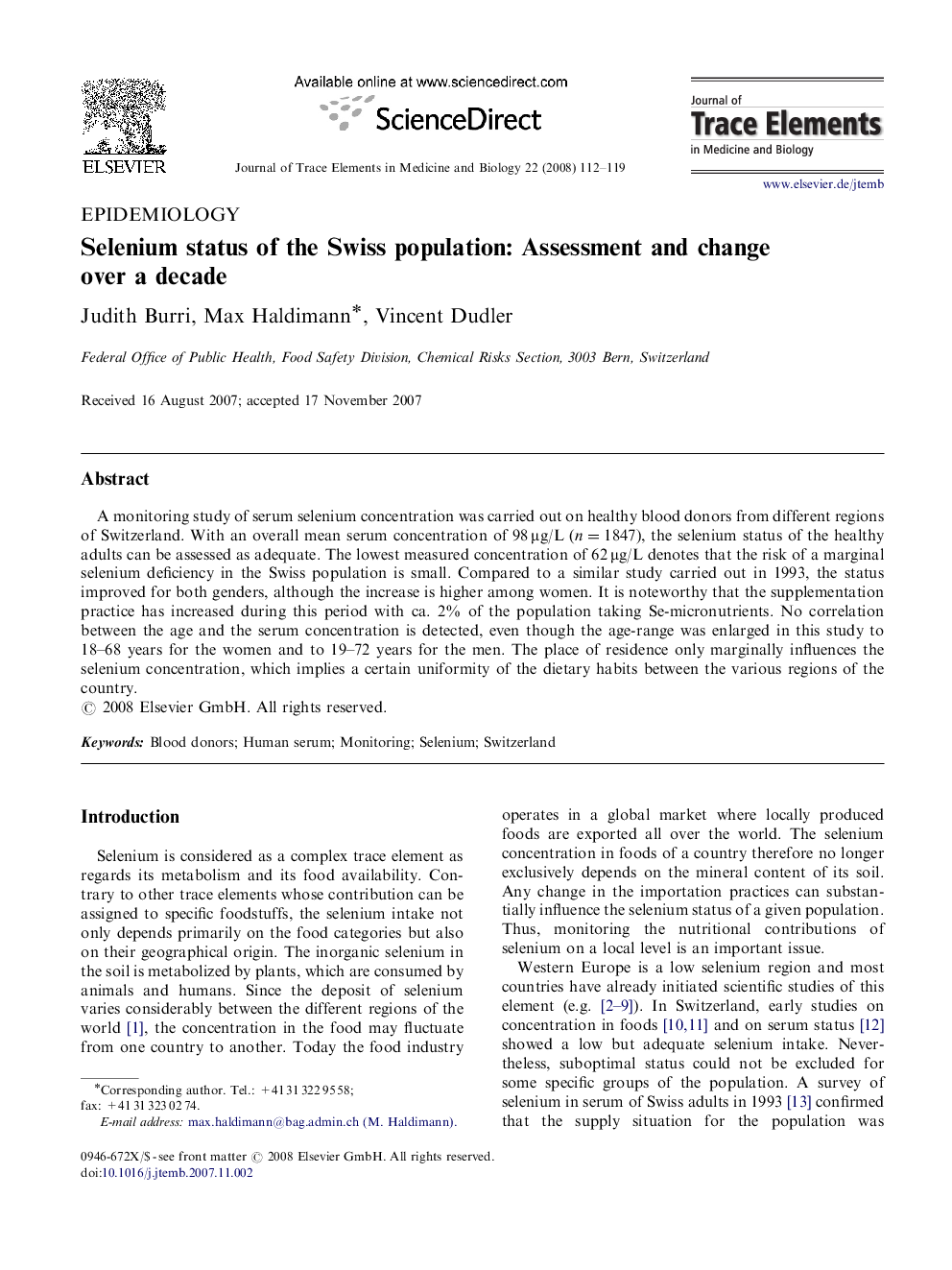 Selenium status of the Swiss population: Assessment and change over a decade