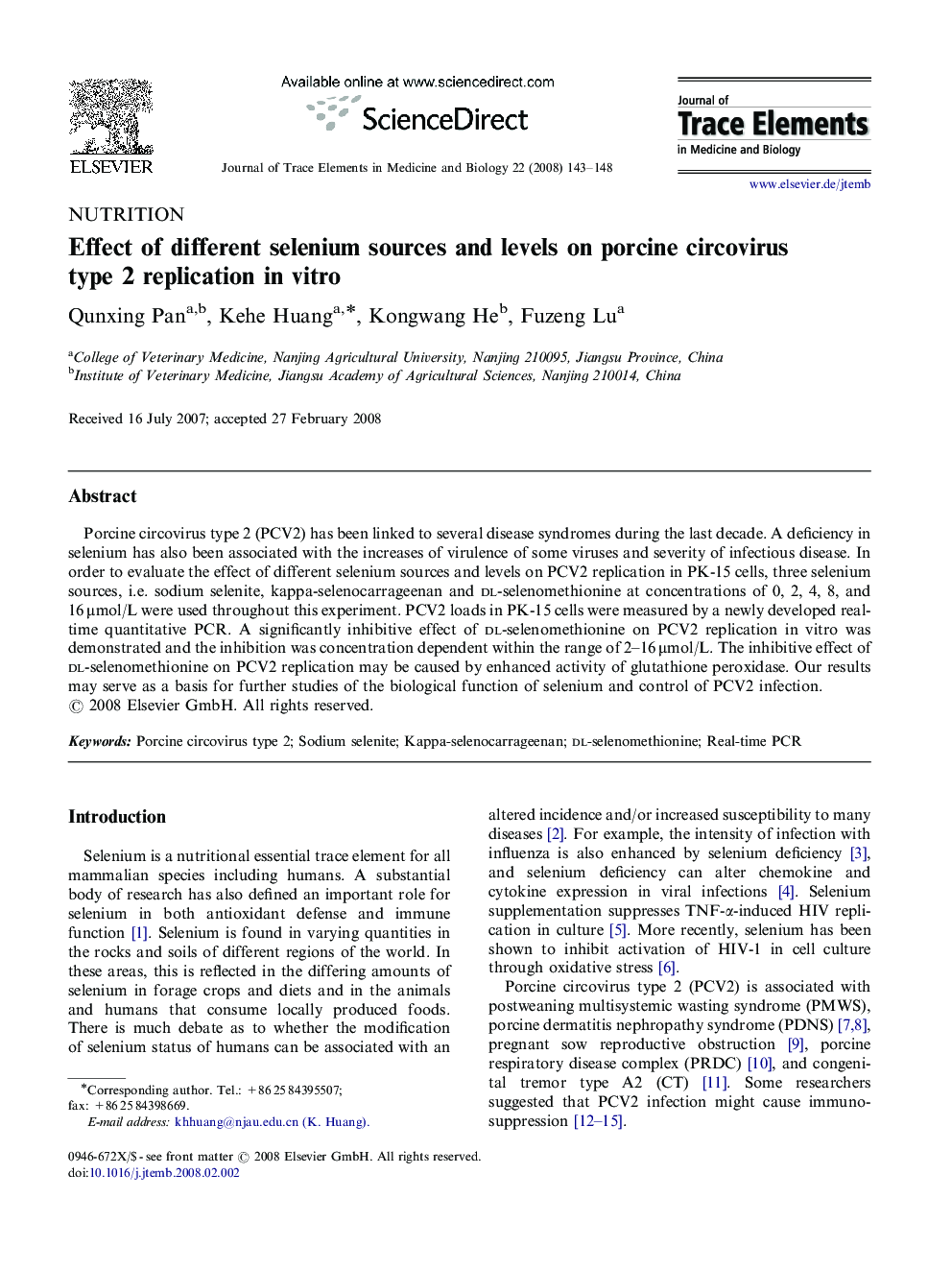 Effect of different selenium sources and levels on porcine circovirus type 2 replication in vitro