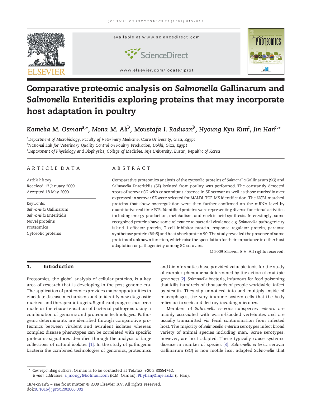 Comparative proteomic analysis on Salmonella Gallinarum and Salmonella Enteritidis exploring proteins that may incorporate host adaptation in poultry