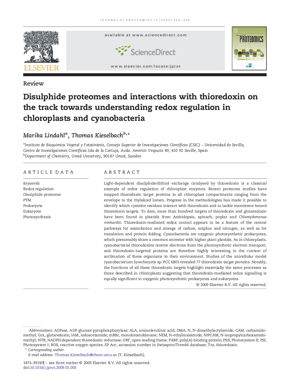 Disulphide proteomes and interactions with thioredoxin on the track towards understanding redox regulation in chloroplasts and cyanobacteria