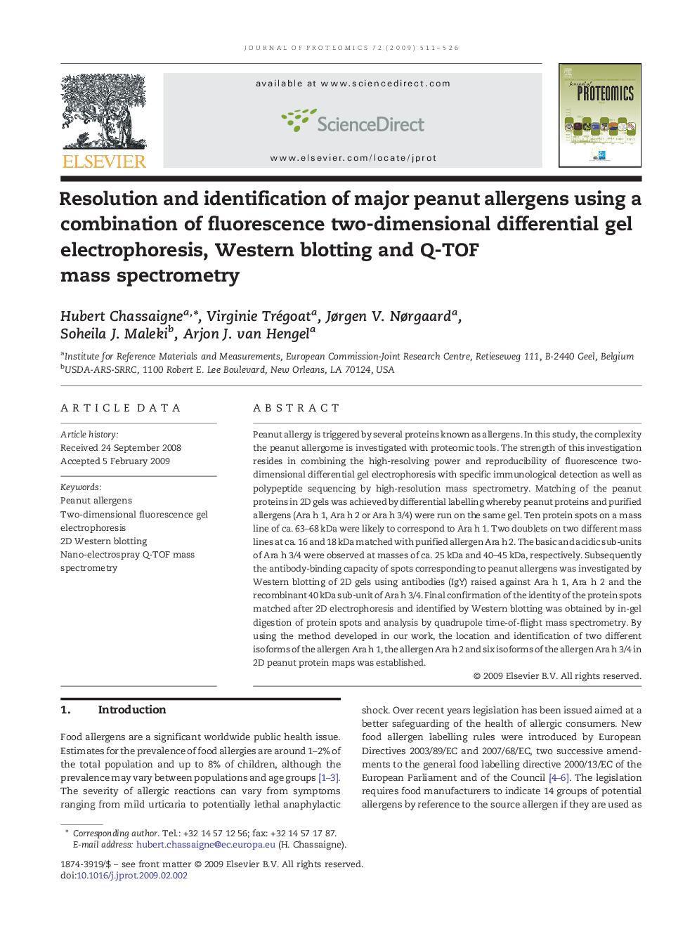 Resolution and identification of major peanut allergens using a combination of fluorescence two-dimensional differential gel electrophoresis, Western blotting and Q-TOF mass spectrometry