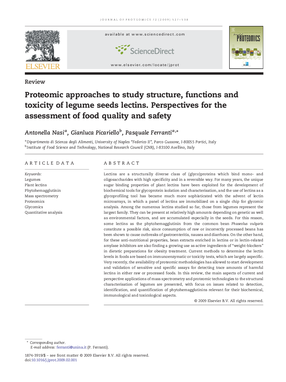 Proteomic approaches to study structure, functions and toxicity of legume seeds lectins. Perspectives for the assessment of food quality and safety