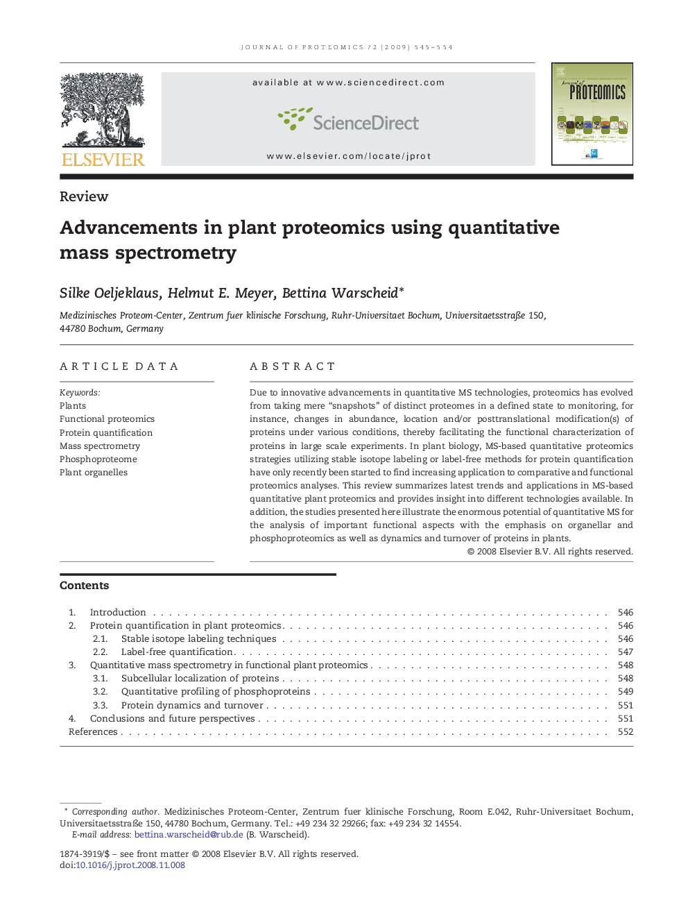 Advancements in plant proteomics using quantitative mass spectrometry