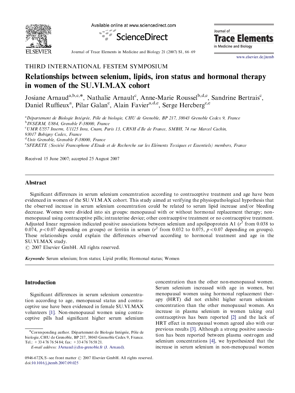 Relationships between selenium, lipids, iron status and hormonal therapy in women of the SU.VI.M.AX cohort