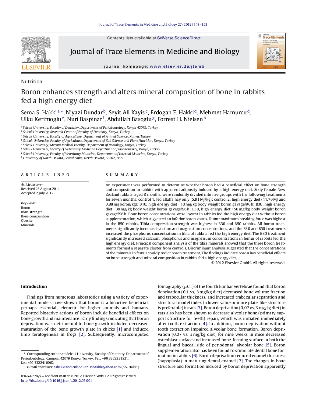 Boron enhances strength and alters mineral composition of bone in rabbits fed a high energy diet