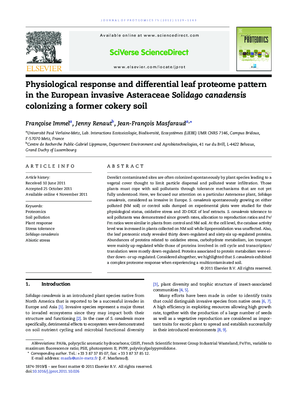 Physiological response and differential leaf proteome pattern in the European invasive Asteraceae Solidago canadensis colonizing a former cokery soil