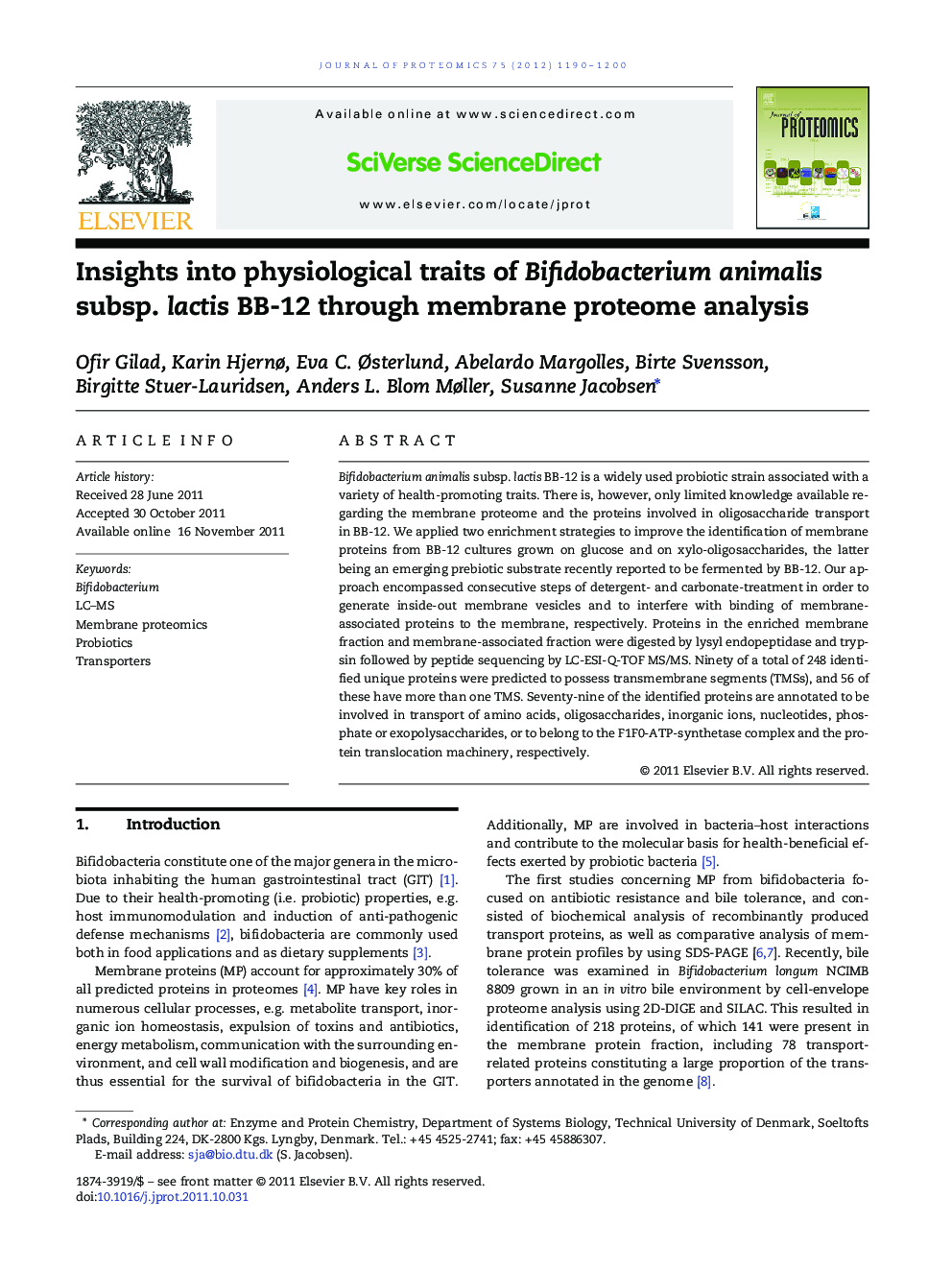 Insights into physiological traits of Bifidobacterium animalis subsp. lactis BB-12 through membrane proteome analysis