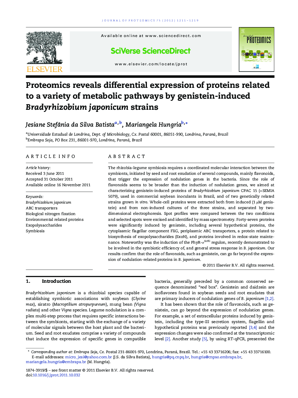 Proteomics reveals differential expression of proteins related to a variety of metabolic pathways by genistein-induced Bradyrhizobium japonicum strains