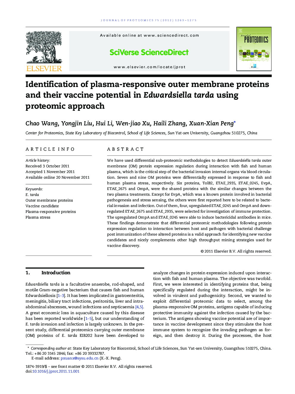 Identification of plasma-responsive outer membrane proteins and their vaccine potential in Edwardsiella tarda using proteomic approach