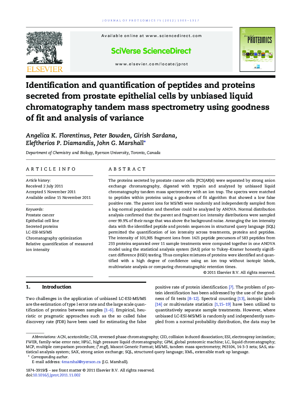 Identification and quantification of peptides and proteins secreted from prostate epithelial cells by unbiased liquid chromatography tandem mass spectrometry using goodness of fit and analysis of variance