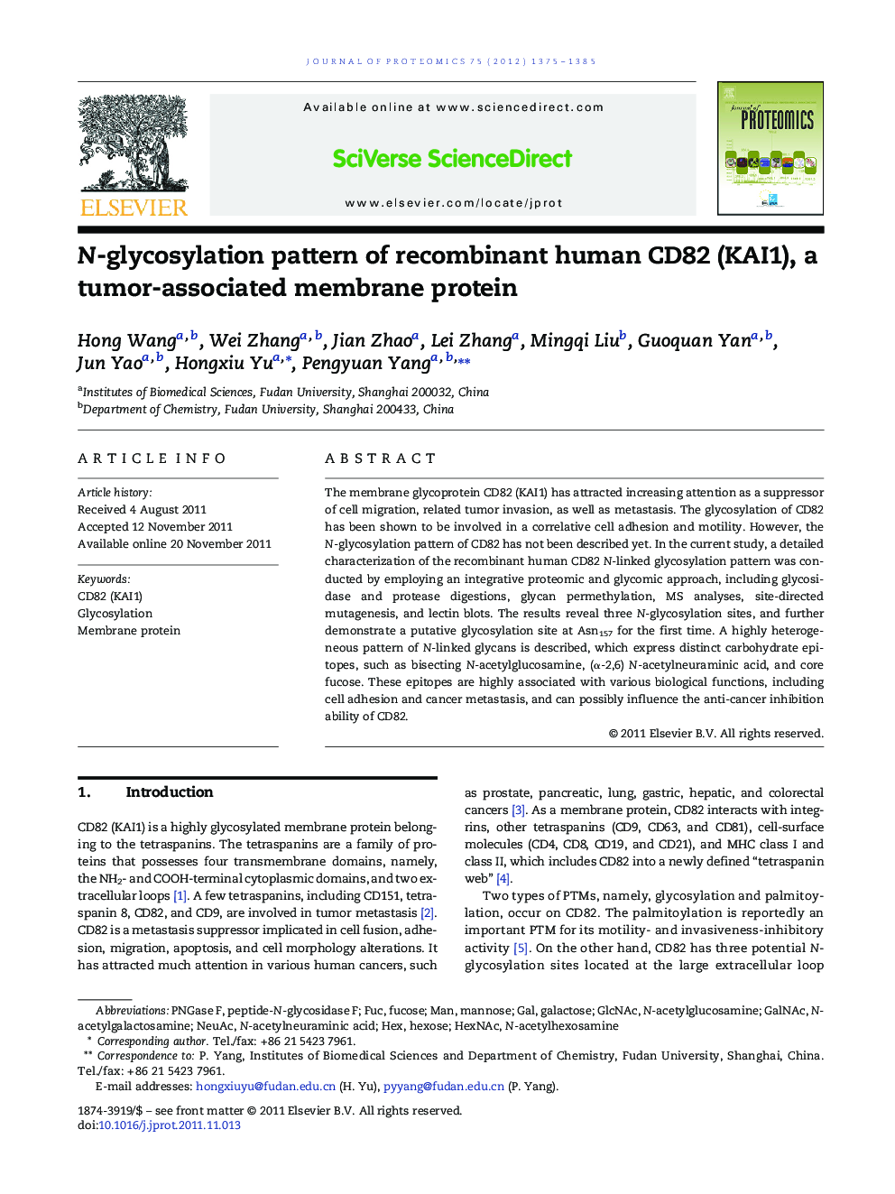 N-glycosylation pattern of recombinant human CD82 (KAI1), a tumor-associated membrane protein