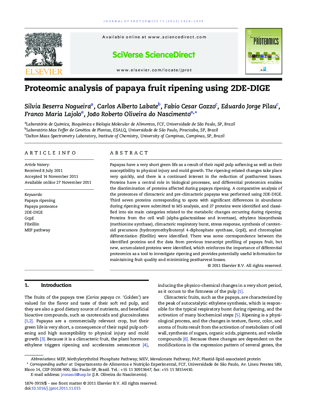 Proteomic analysis of papaya fruit ripening using 2DE-DIGE