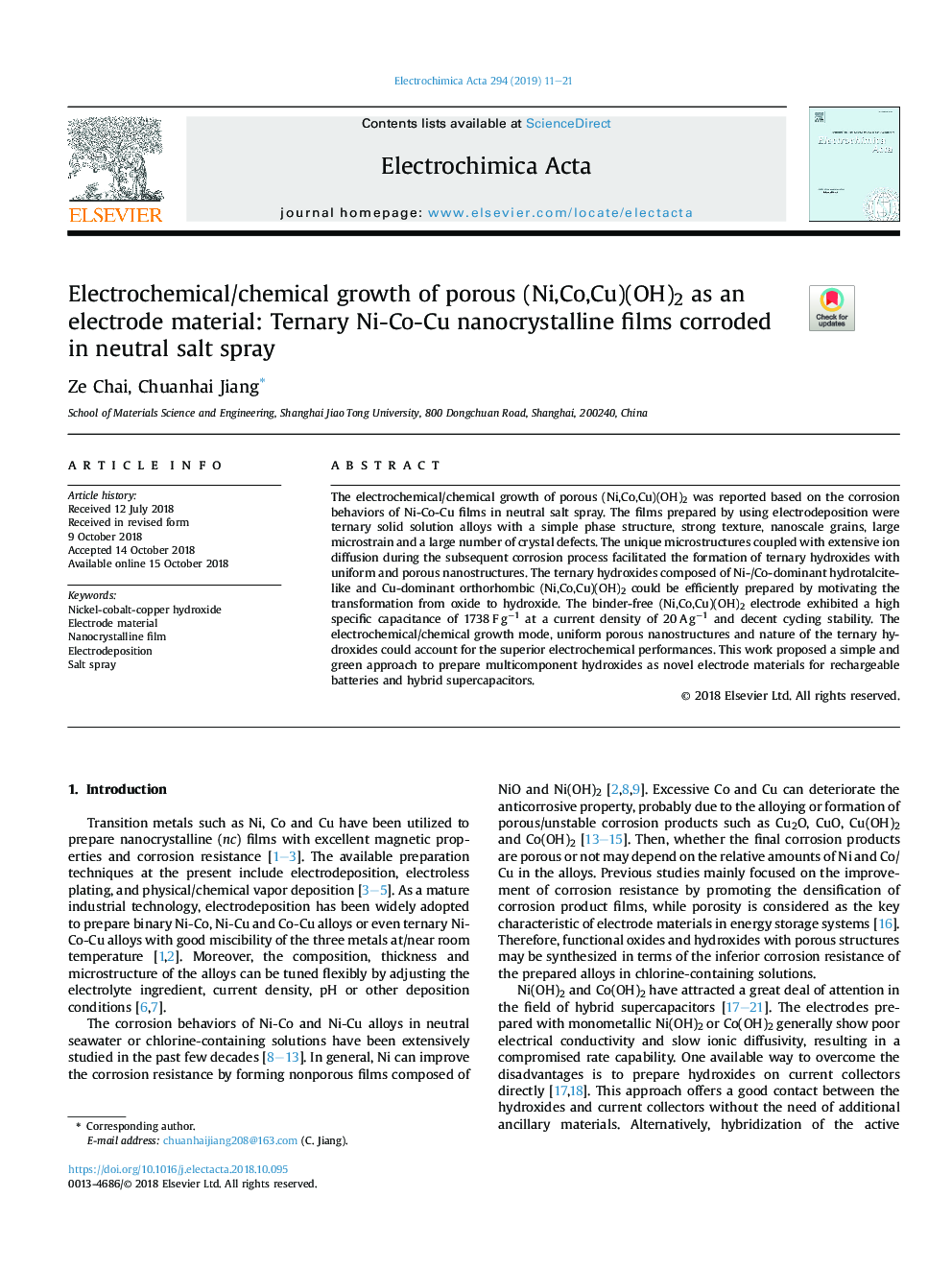 Electrochemical/chemical growth of porous (Ni,Co,Cu)(OH)2 as an electrode material: Ternary Ni-Co-Cu nanocrystalline films corroded in neutral salt spray