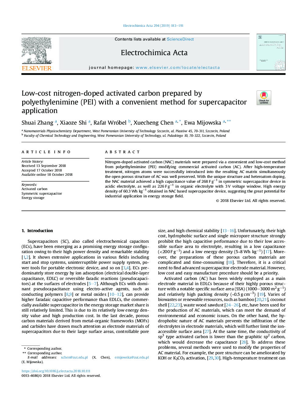 Low-cost nitrogen-doped activated carbon prepared by polyethylenimine (PEI) with a convenient method for supercapacitor application