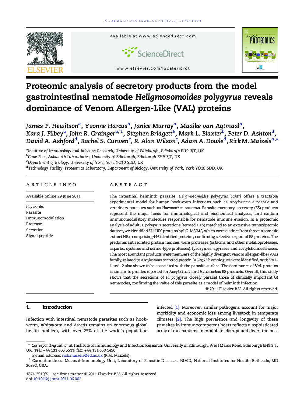 Proteomic analysis of secretory products from the model gastrointestinal nematode Heligmosomoides polygyrus reveals dominance of Venom Allergen-Like (VAL) proteins