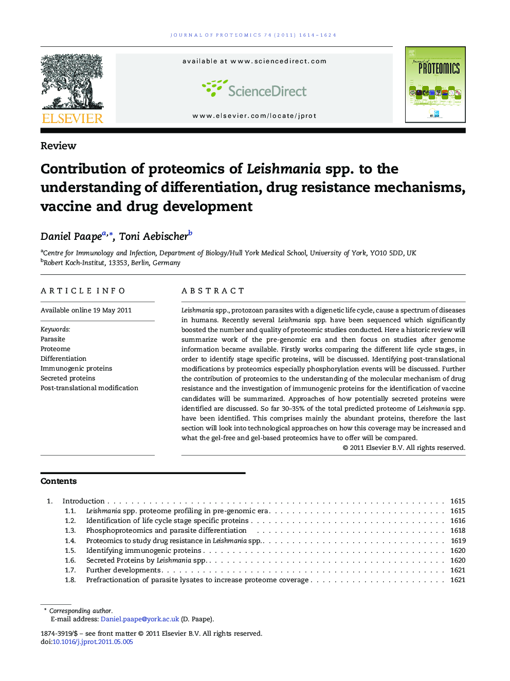 Contribution of proteomics of Leishmania spp. to the understanding of differentiation, drug resistance mechanisms, vaccine and drug development