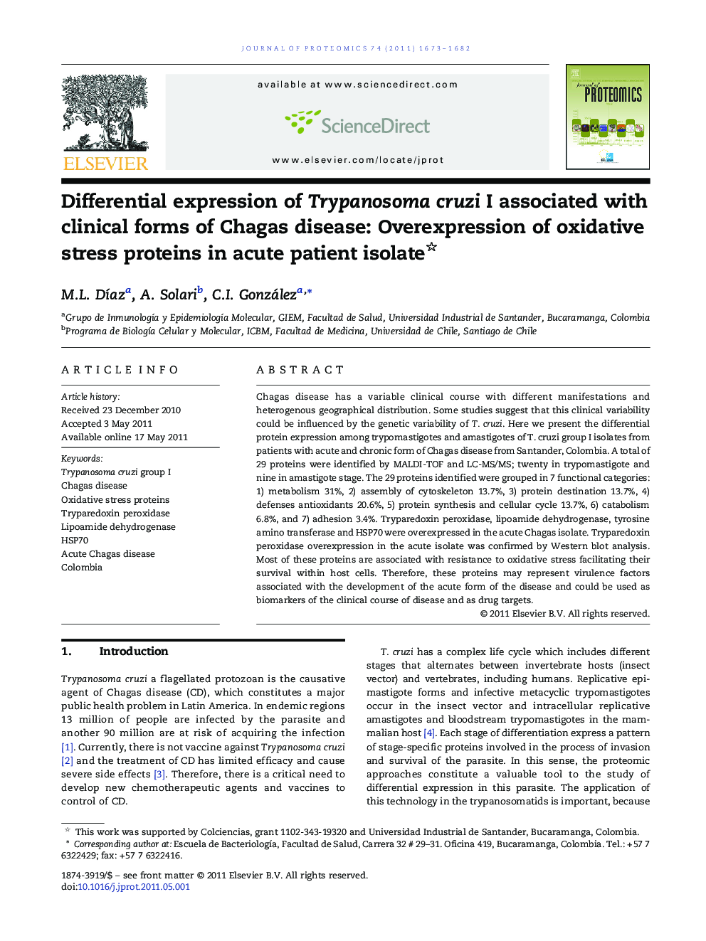 Differential expression of Trypanosoma cruzi I associated with clinical forms of Chagas disease: Overexpression of oxidative stress proteins in acute patient isolate 