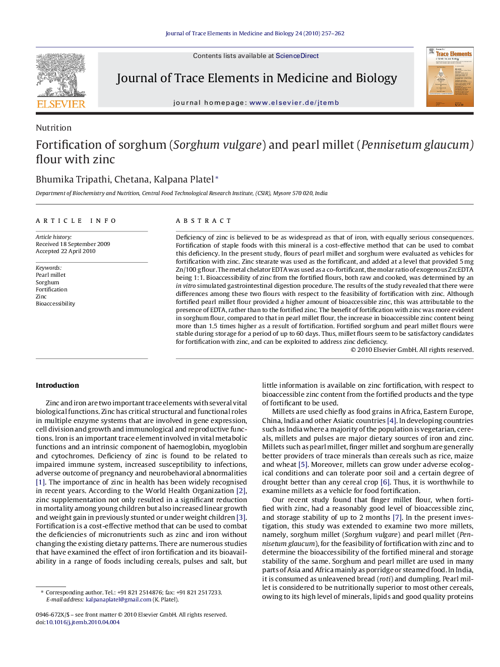 Fortification of sorghum (Sorghum vulgare) and pearl millet (Pennisetum glaucum) flour with zinc