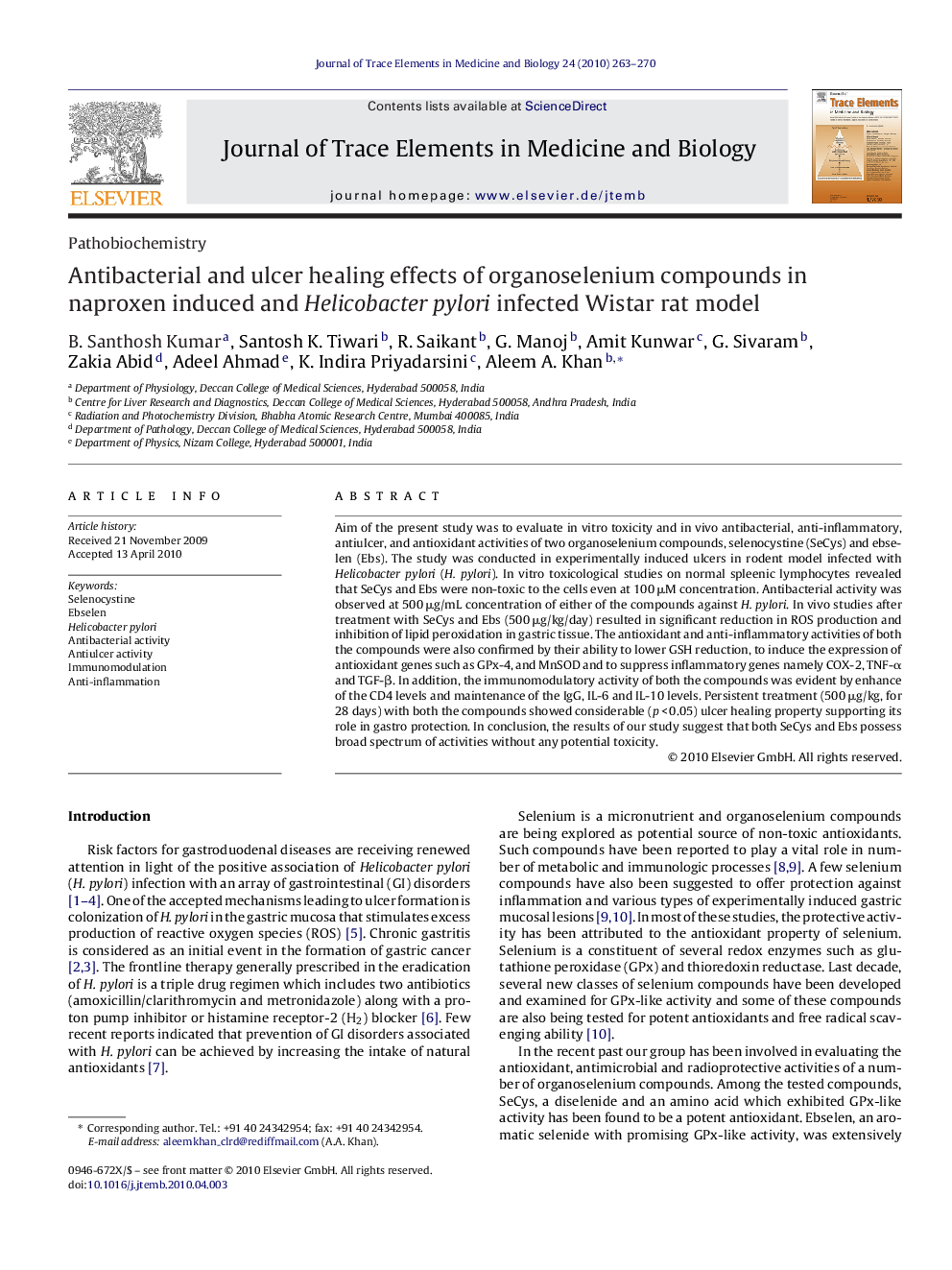 Antibacterial and ulcer healing effects of organoselenium compounds in naproxen induced and Helicobacter pylori infected Wistar rat model