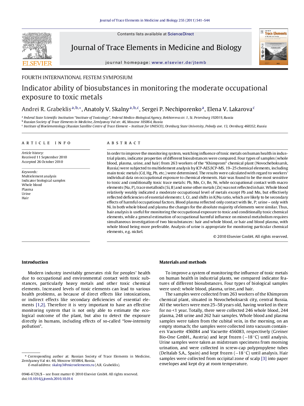 Indicator ability of biosubstances in monitoring the moderate occupational exposure to toxic metals