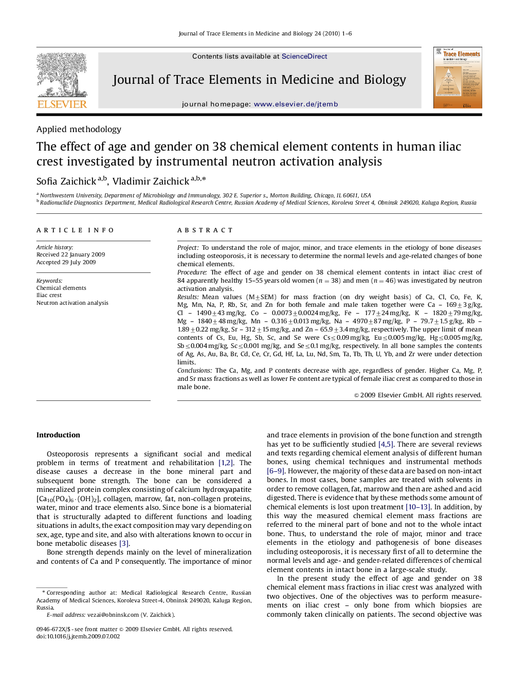 The effect of age and gender on 38 chemical element contents in human iliac crest investigated by instrumental neutron activation analysis