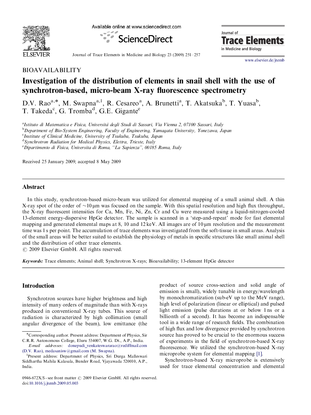 Investigation of the distribution of elements in snail shell with the use of synchrotron-based, micro-beam X-ray fluorescence spectrometry