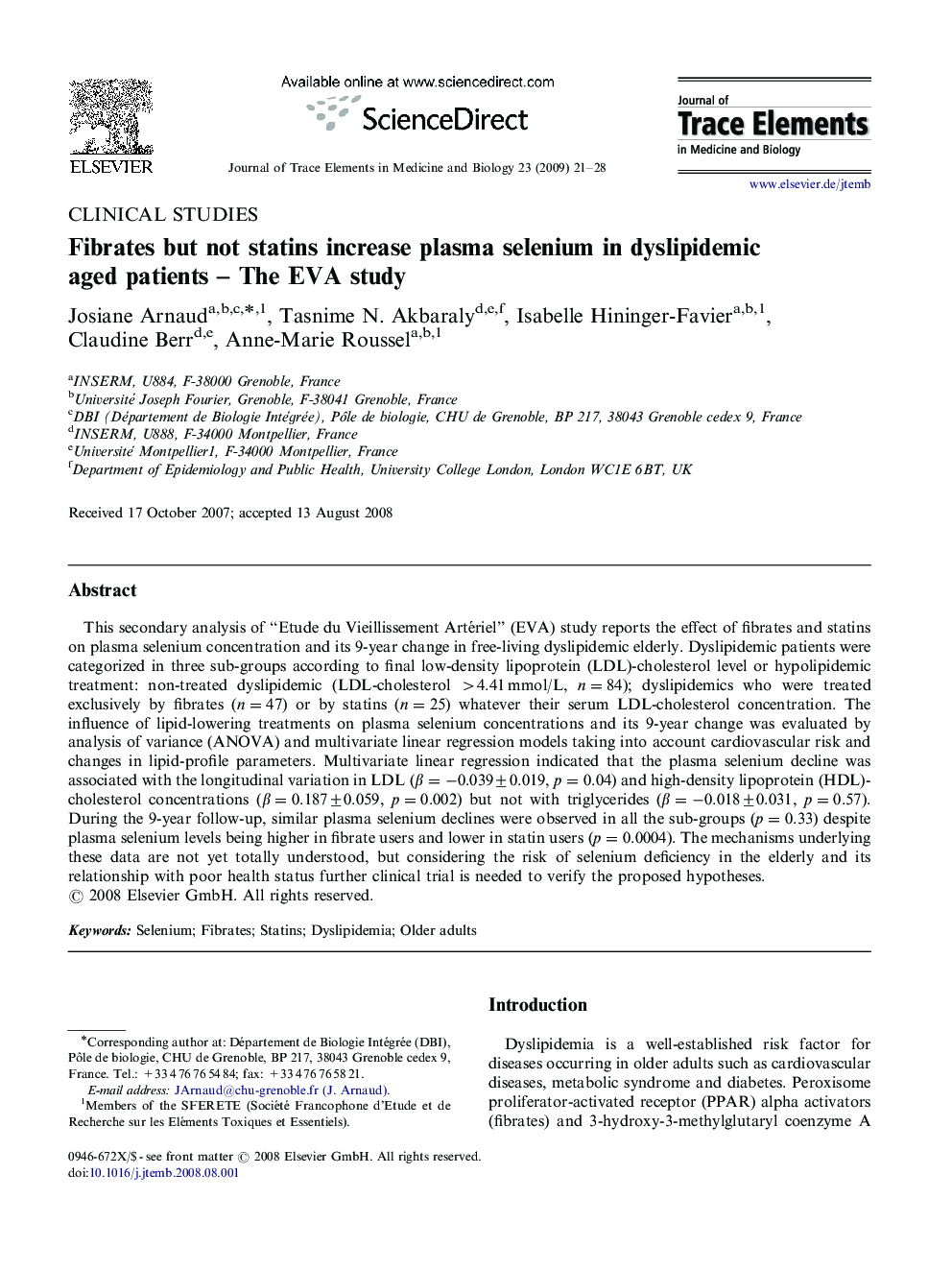 Fibrates but not statins increase plasma selenium in dyslipidemic aged patients - The EVA study