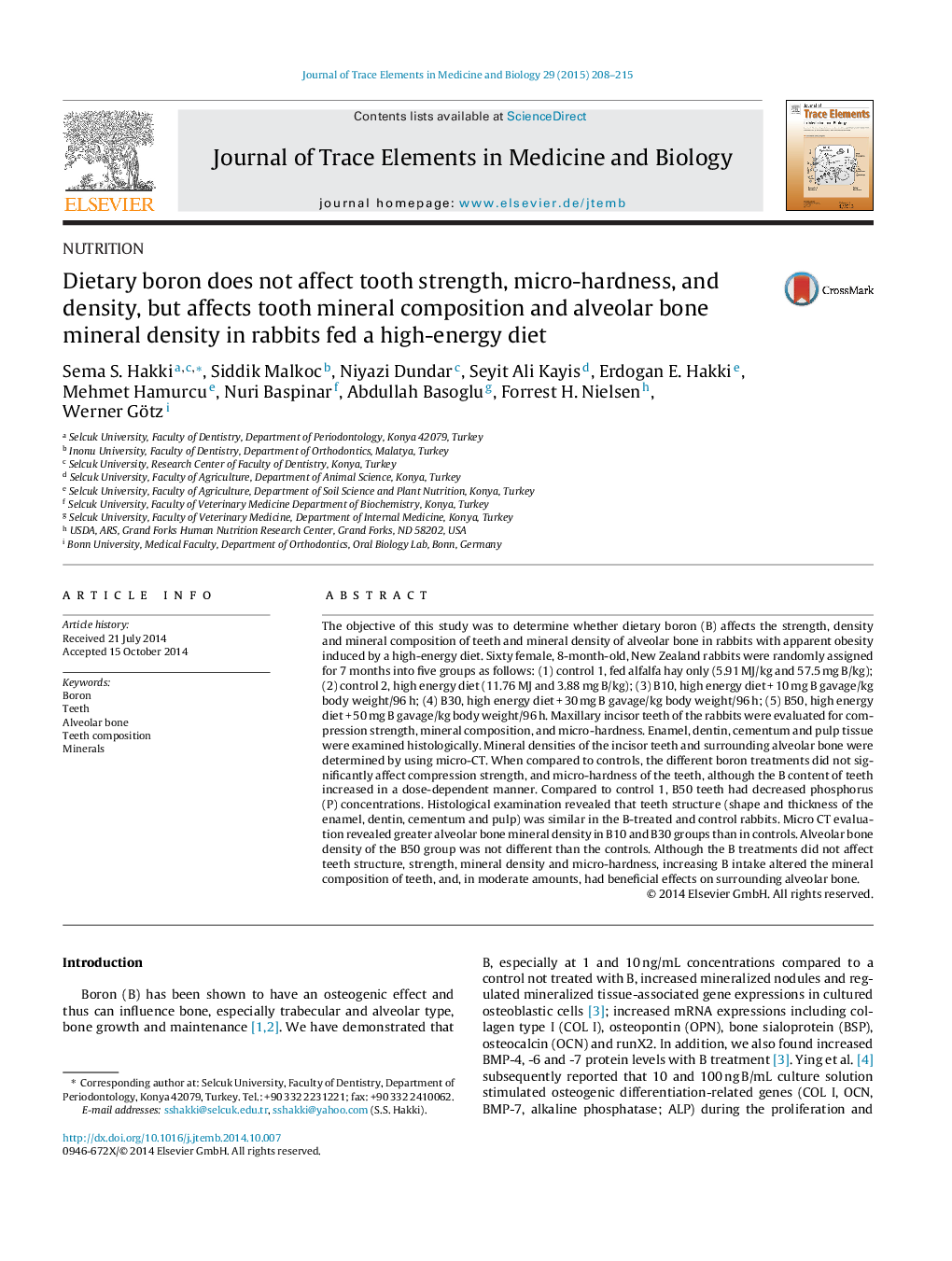 Dietary boron does not affect tooth strength, micro-hardness, and density, but affects tooth mineral composition and alveolar bone mineral density in rabbits fed a high-energy diet