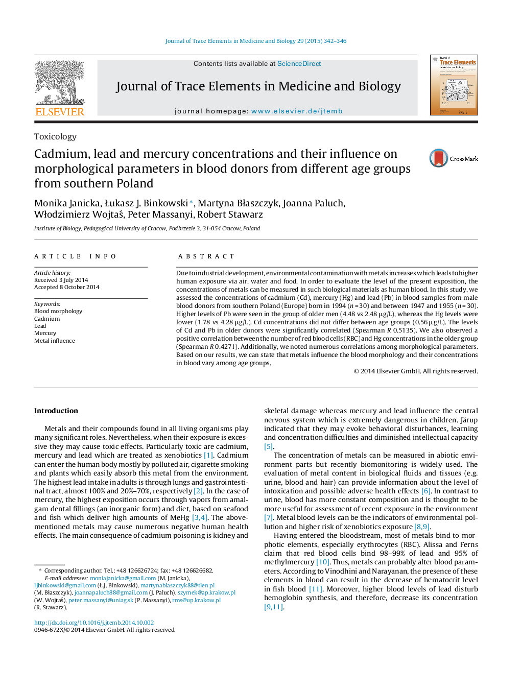 Cadmium, lead and mercury concentrations and their influence on morphological parameters in blood donors from different age groups from southern Poland