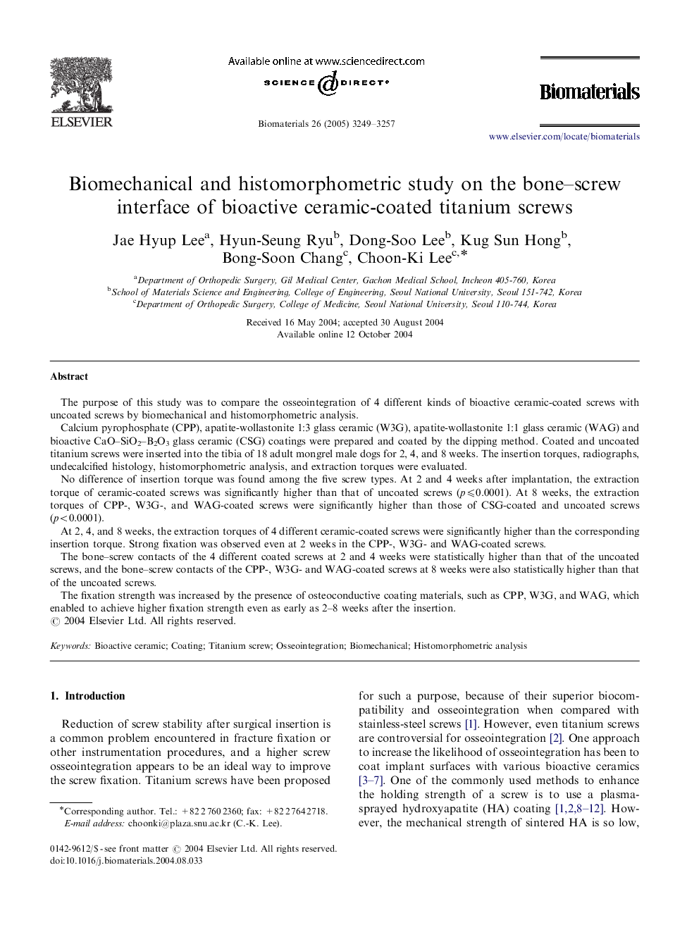 Biomechanical and histomorphometric study on the bone–screw interface of bioactive ceramic-coated titanium screws