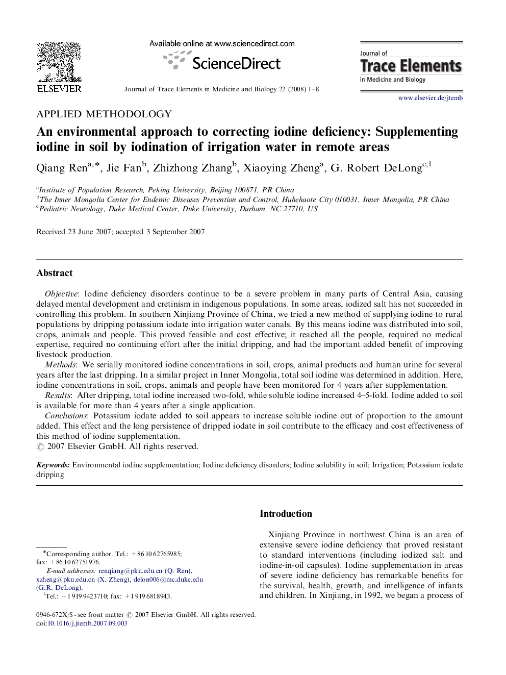 An environmental approach to correcting iodine deficiency: Supplementing iodine in soil by iodination of irrigation water in remote areas