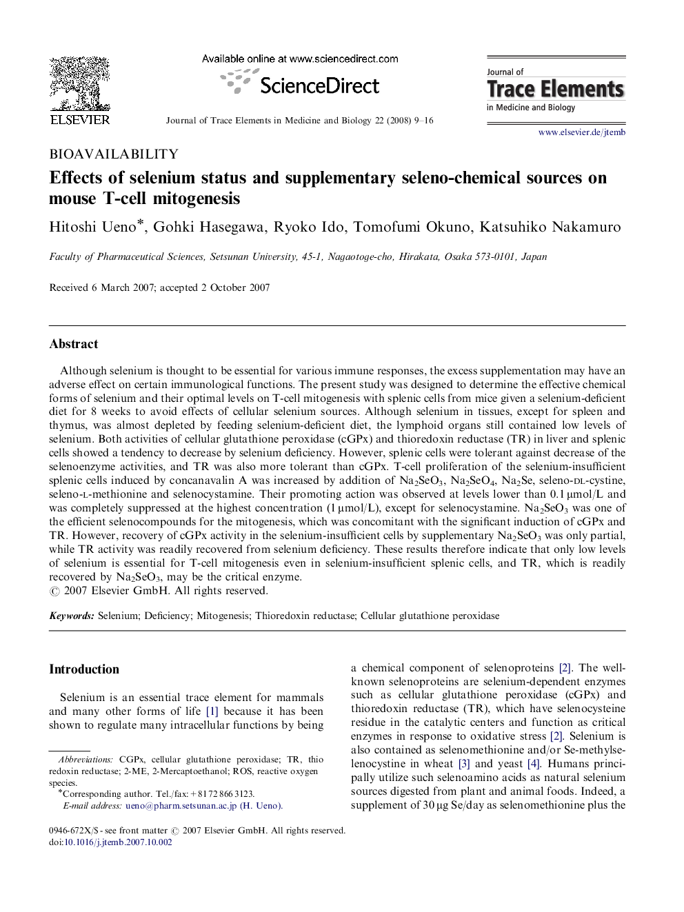 Effects of selenium status and supplementary seleno-chemical sources on mouse T-cell mitogenesis