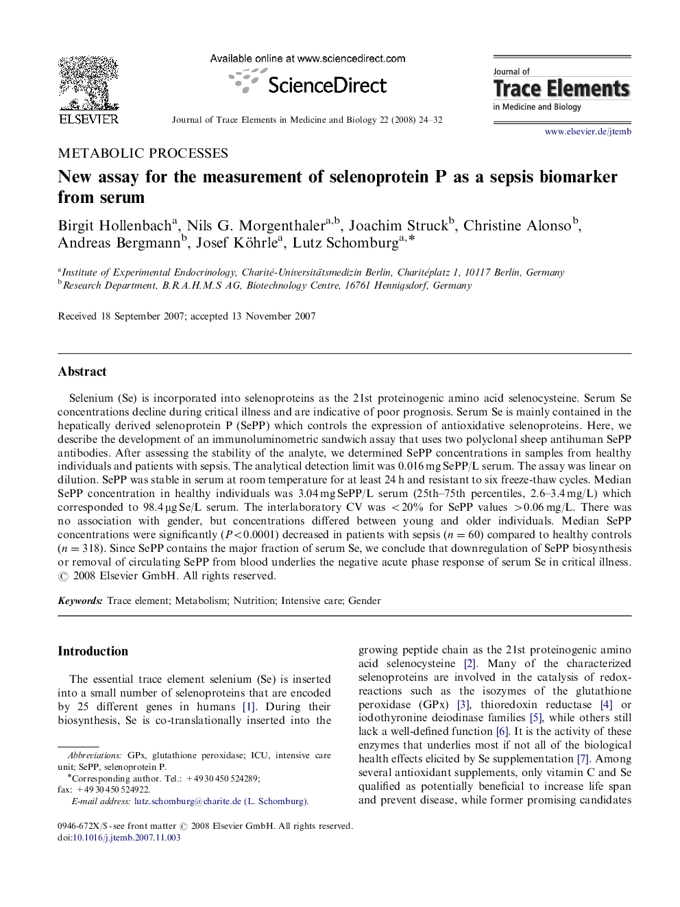 New assay for the measurement of selenoprotein P as a sepsis biomarker from serum