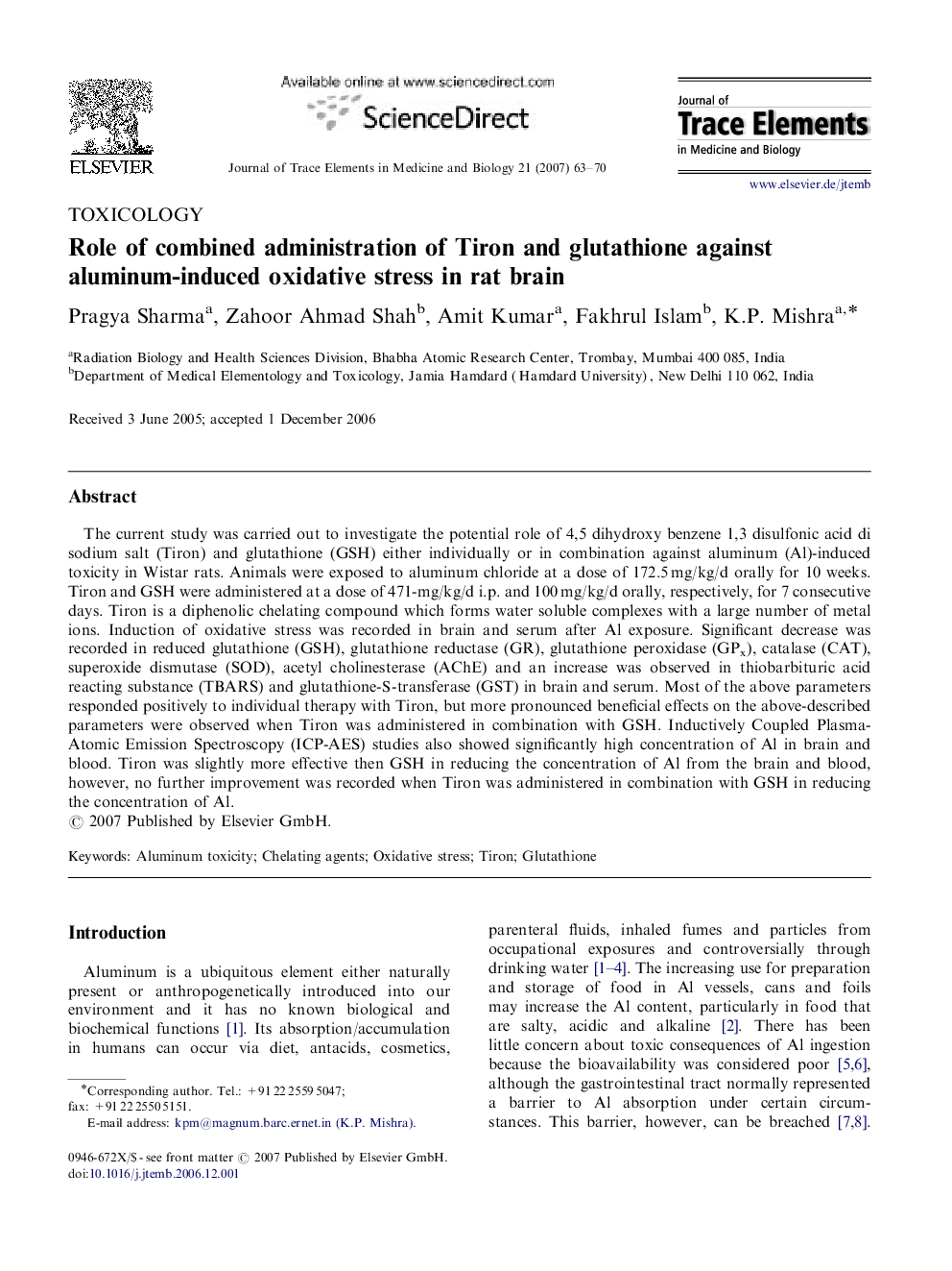 عکس صفحه اول مقاله: Role of combined administration of Tiron and glutathione against aluminum-induced oxidative stress in rat brain Role of combined administration of Tiron and glutathione against aluminum-induced oxidative stress in rat brain