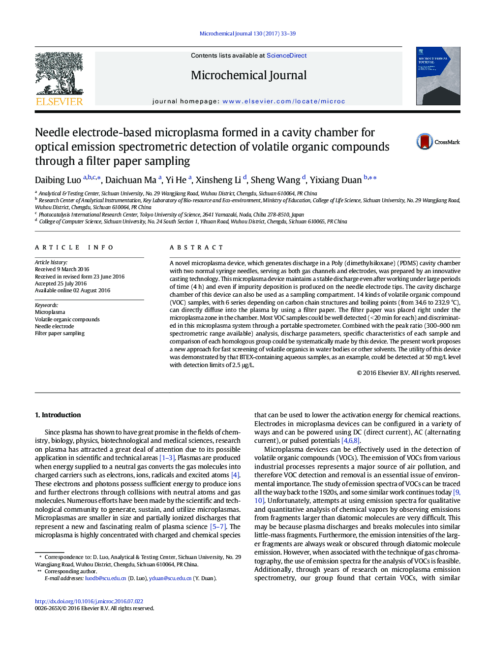 Needle electrode-based microplasma formed in a cavity chamber for optical emission spectrometric detection of volatile organic compounds through a filter paper sampling