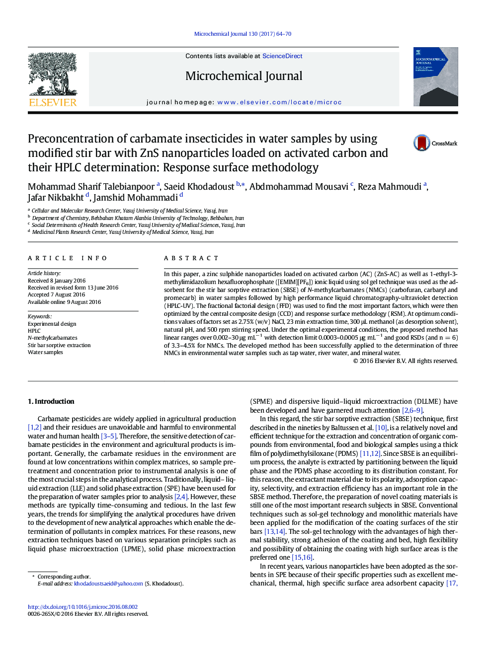 Preconcentration of carbamate insecticides in water samples by using modified stir bar with ZnS nanoparticles loaded on activated carbon and their HPLC determination: Response surface methodology