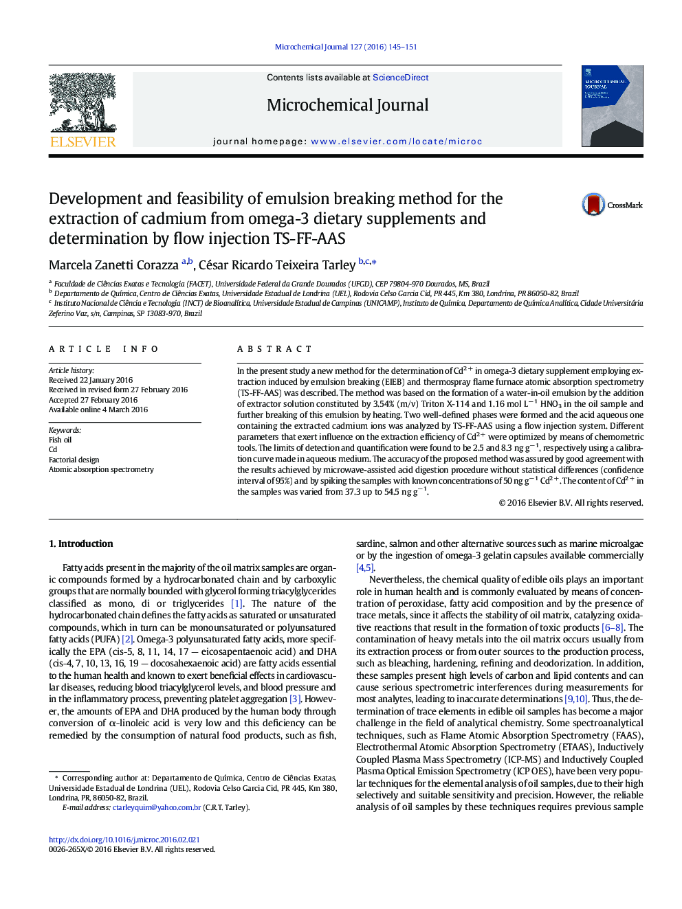 Development and feasibility of emulsion breaking method for the extraction of cadmium from omega-3 dietary supplements and determination by flow injection TS-FF-AAS