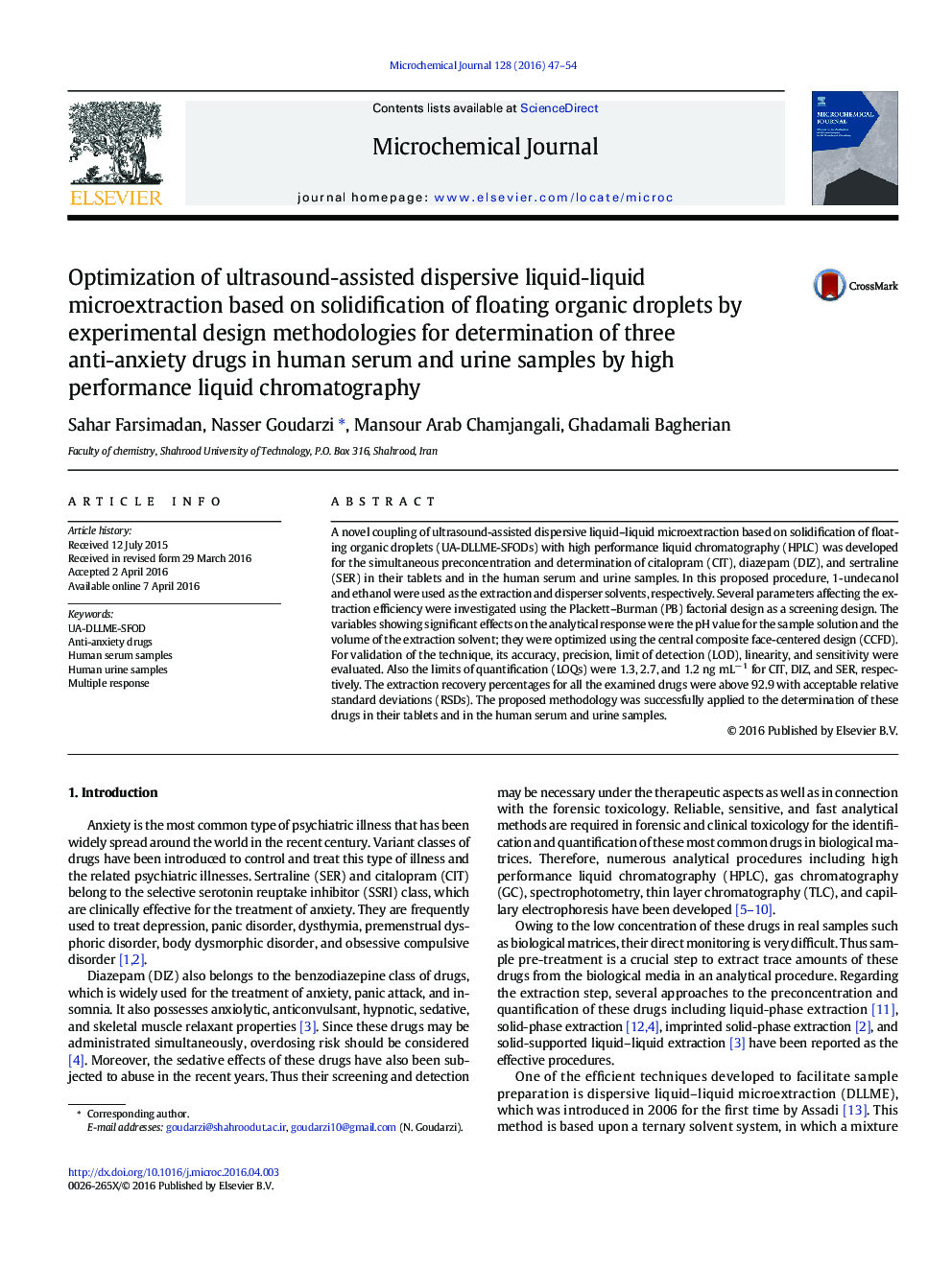 Optimization of ultrasound-assisted dispersive liquid-liquid microextraction based on solidification of floating organic droplets by experimental design methodologies for determination of three anti-anxiety drugs in human serum and urine samples by high p