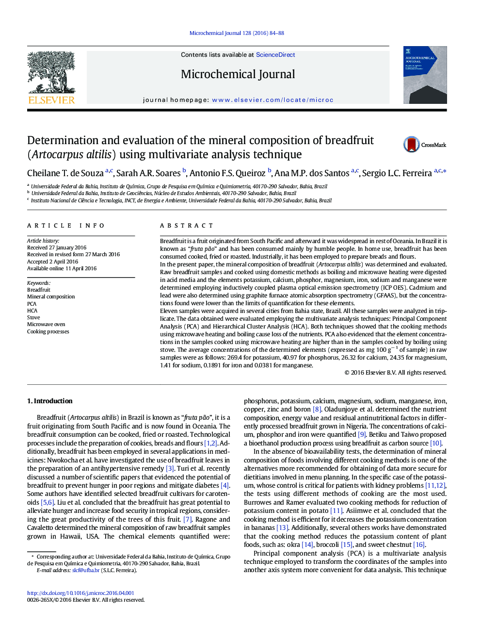 Determination and evaluation of the mineral composition of breadfruit (Artocarpus altilis) using multivariate analysis technique