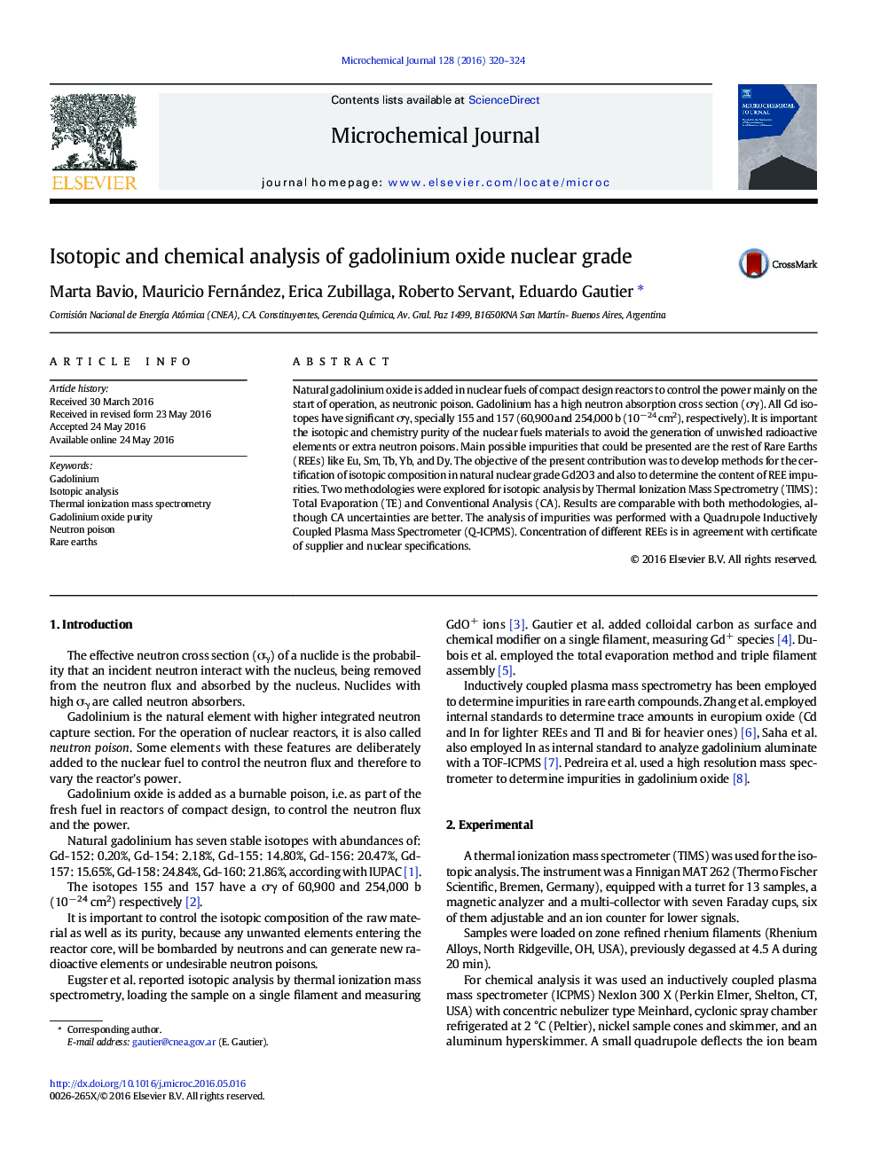 Isotopic and chemical analysis of gadolinium oxide nuclear grade