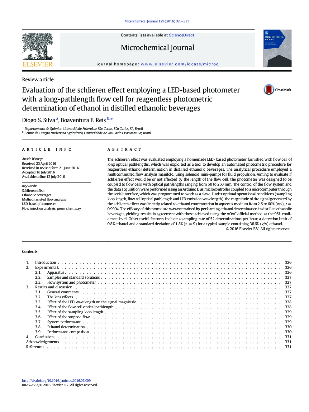 Evaluation of the schlieren effect employing a LED-based photometer with a long-pathlength flow cell for reagentless photometric determination of ethanol in distilled ethanolic beverages