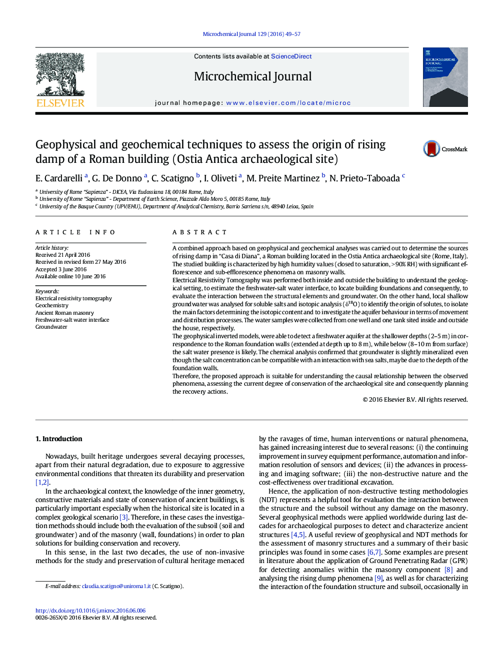 Geophysical and geochemical techniques to assess the origin of rising damp of a Roman building (Ostia Antica archaeological site)