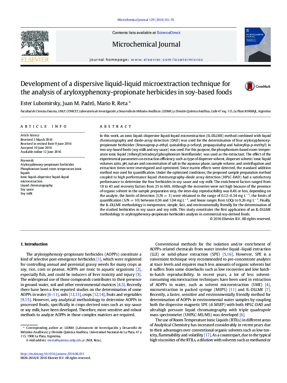 Development of a dispersive liquid-liquid microextraction technique for the analysis of aryloxyphenoxy-propionate herbicides in soy-based foods